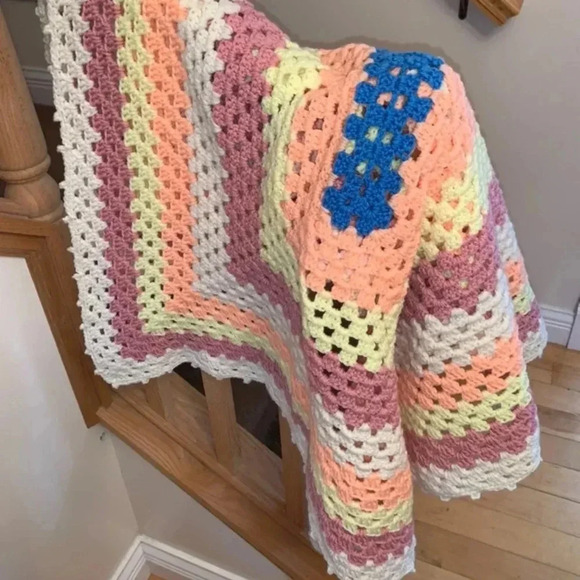 Handmade Crocheted Afghan Crib Or Lap Blanket 34x 58” Peach Purple Blue - Picture 1 of 4
